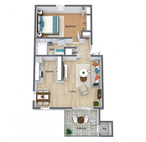Floor plan for 1 bed, 1 bath, 684 sqft